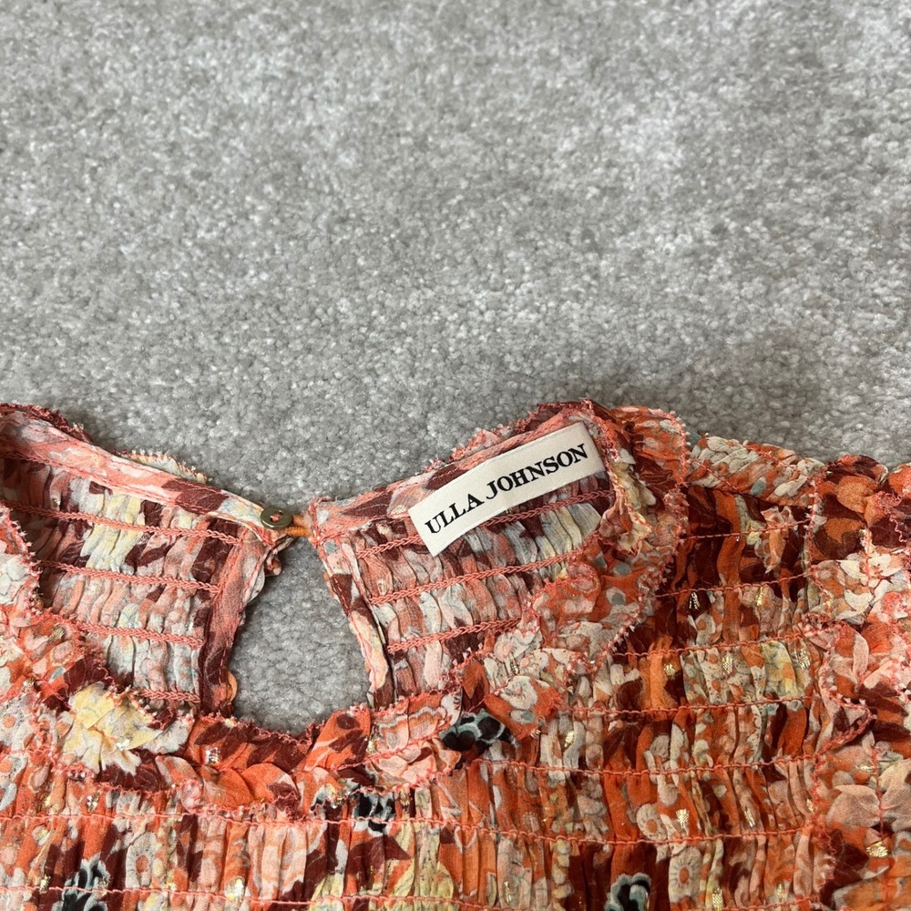 Ulla Johnson Blouse Womens Size 0 Orange Floral Silk Smocked Metallic Top - Picture 11 of 13
